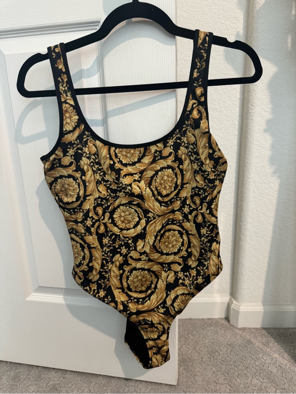 Versace Baroque-Print Black & Gold One-Piece Bodysuit— Authentic